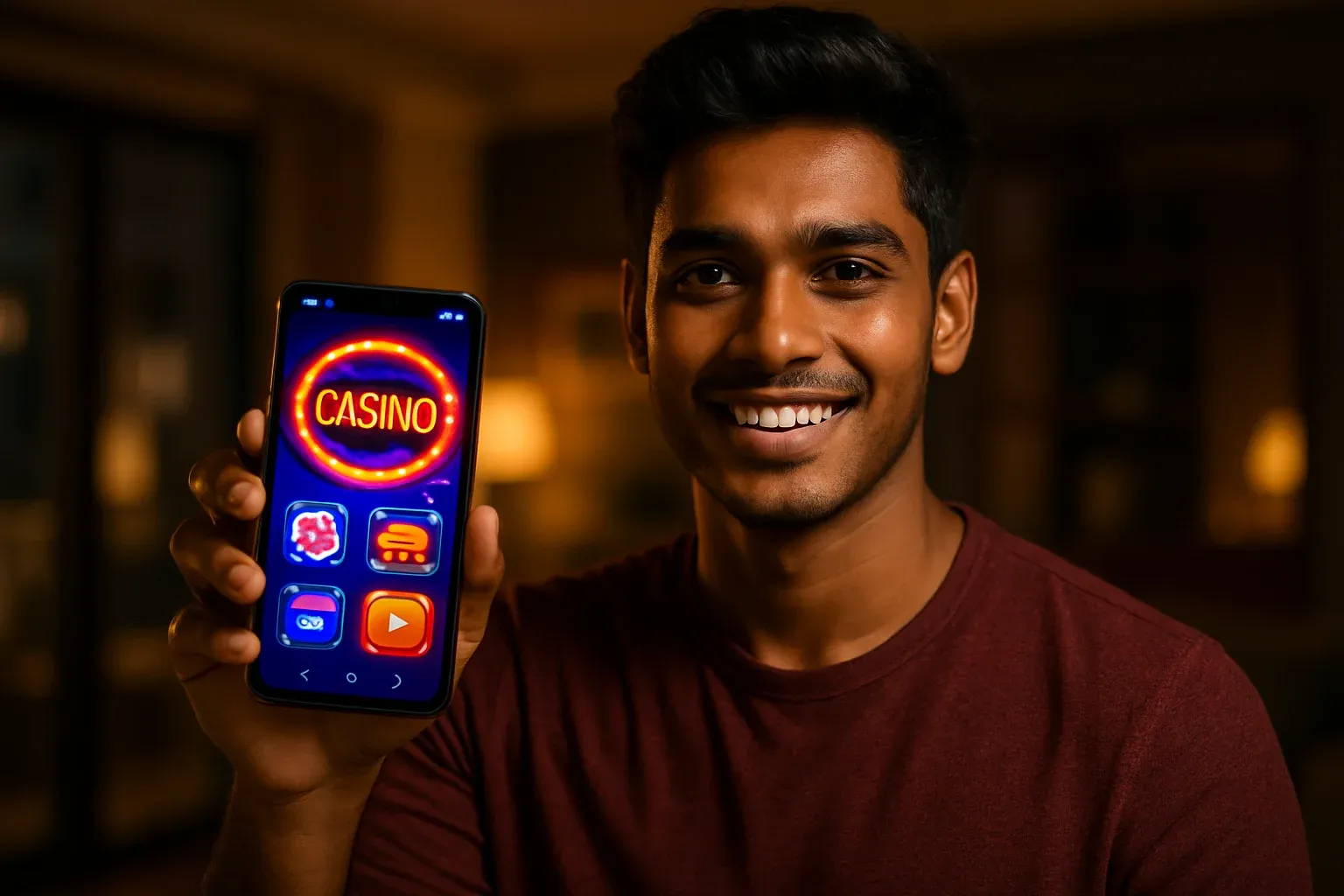 Young Bangladeshi man holding smartphone showing colorful casino app interface