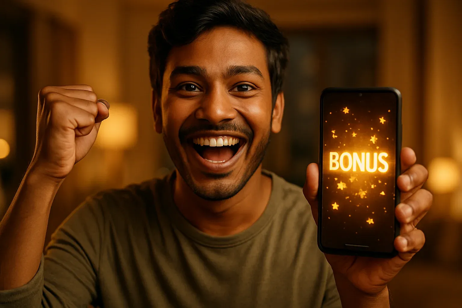 Joyful Bangladeshi man holding smartphone with glowing bonus notification screen