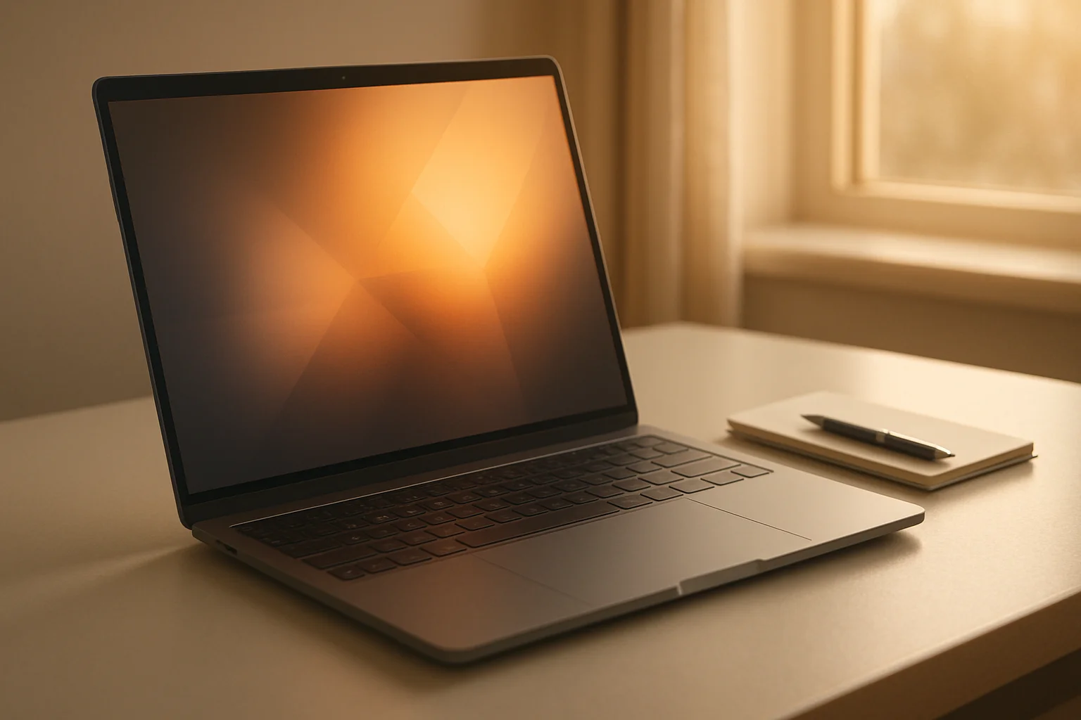 Modern laptop on clean white desk with pen and notepad