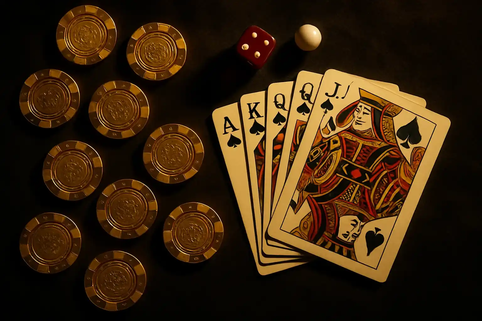 Golden casino chips, playing cards, dice, and roulette ball on velvet