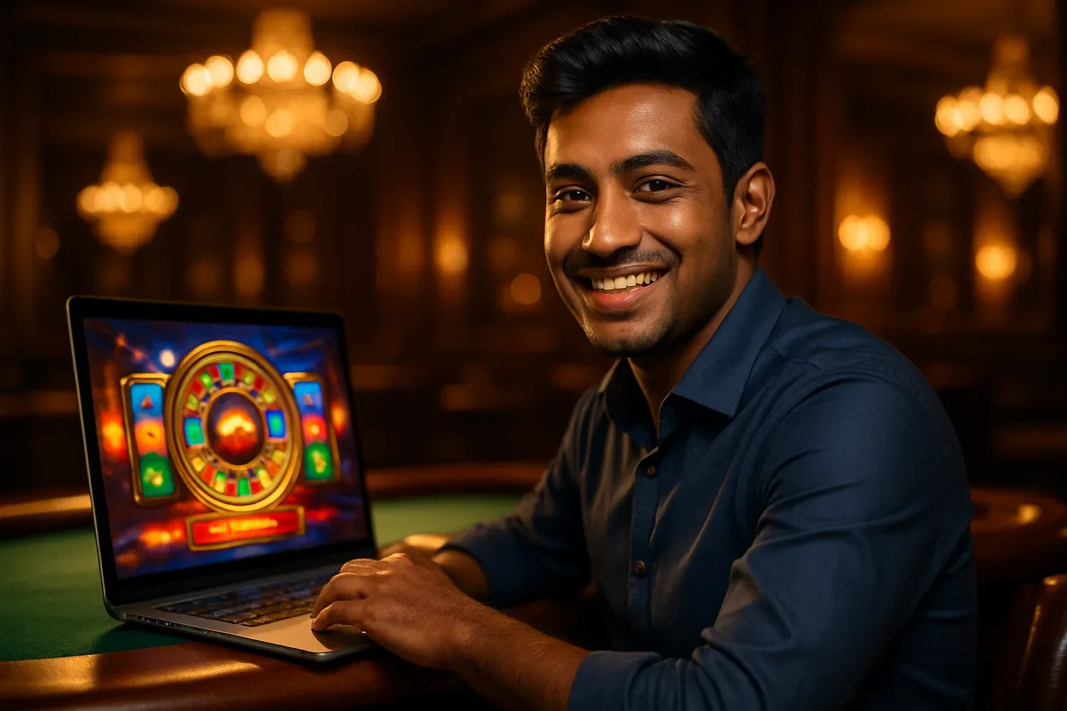 Cheerful Bangladeshi man with open laptop showing colorful casino interface