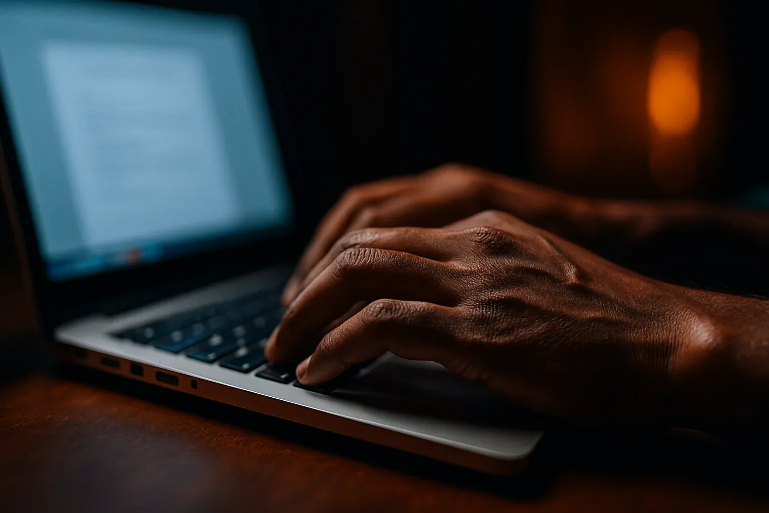 Bangladeshi man's hands typing on modern laptop in dramatic lighting