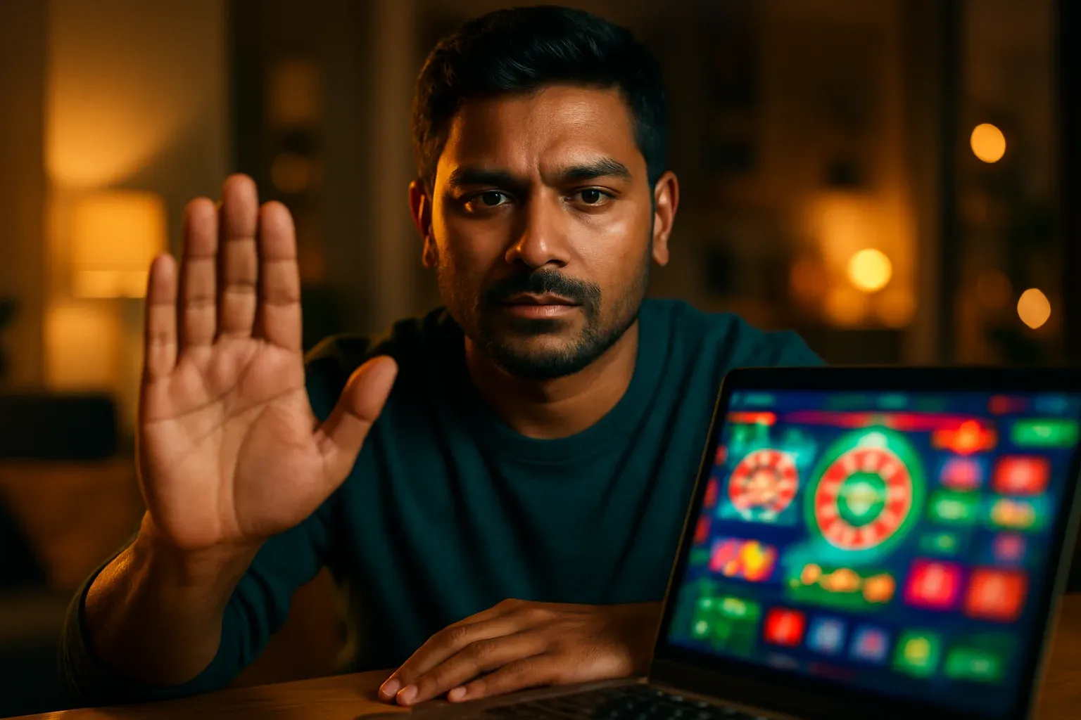 Bangladeshi man making stop gesture beside laptop for responsible gambling awareness