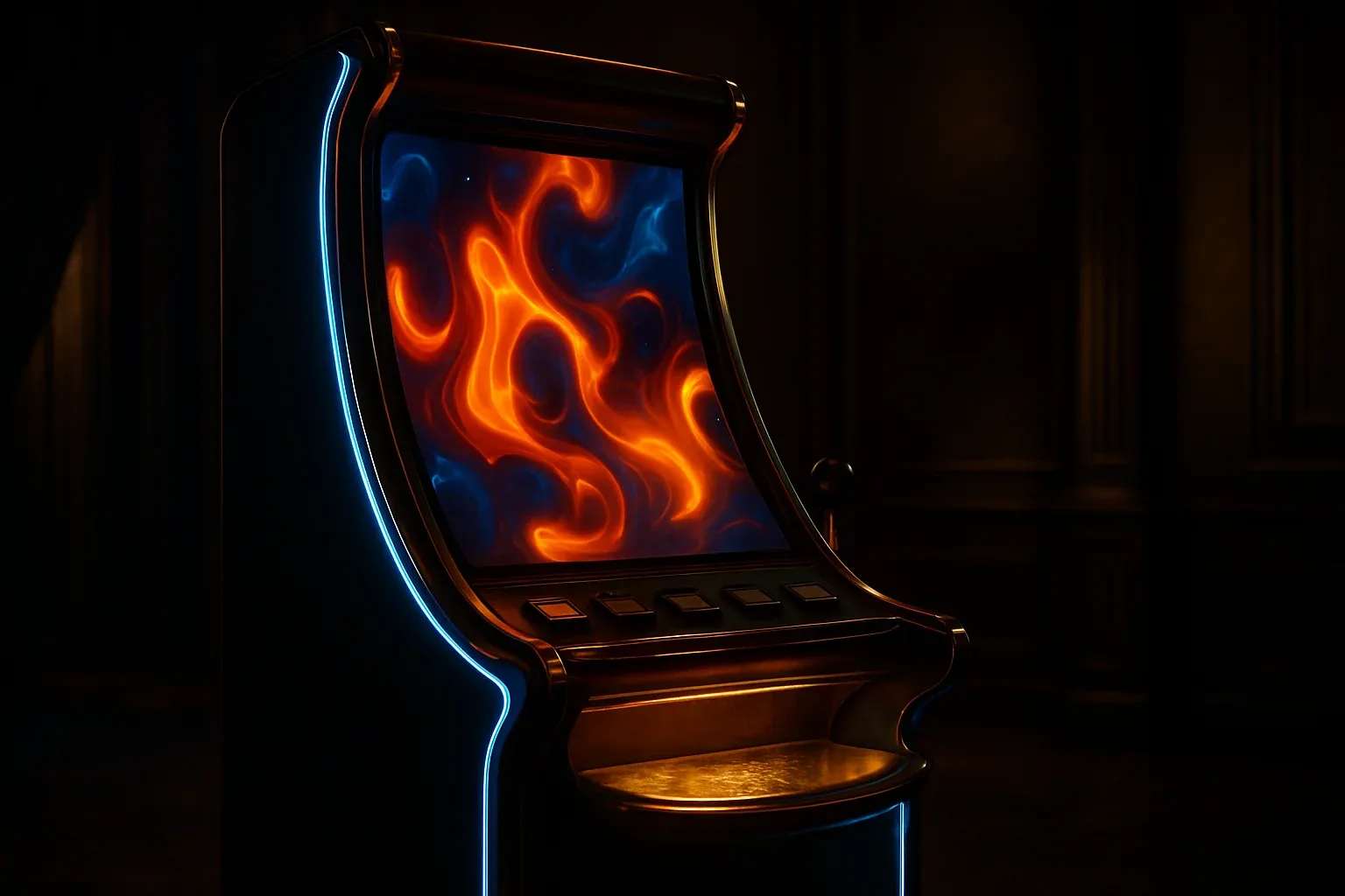 Hyperrealistic premium slot machine in dark luxury setting with neon lighting